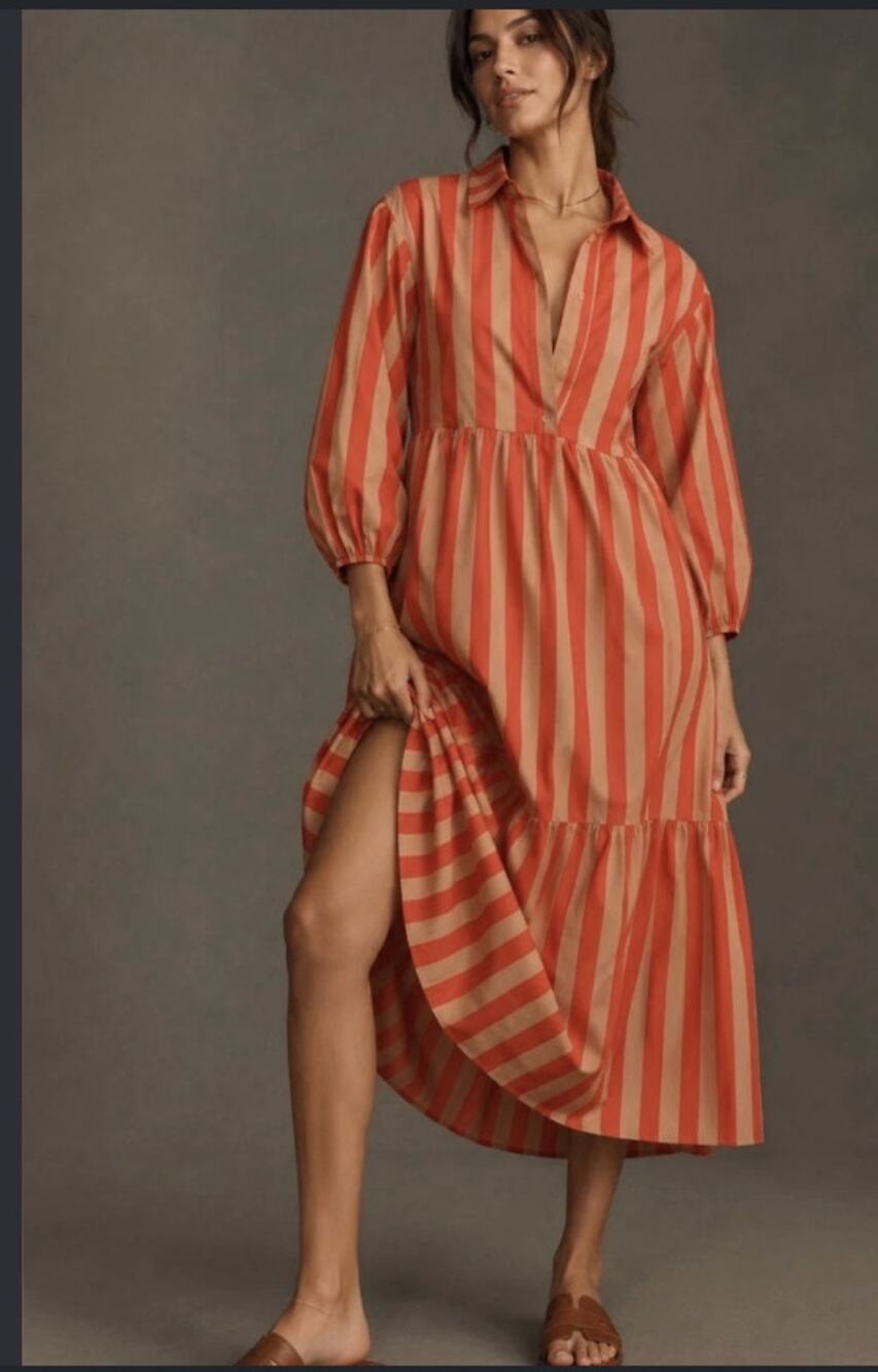 Anthropologie Maeve Bettina Dress - Red & Tan Stripe Sz Large 100% cotton